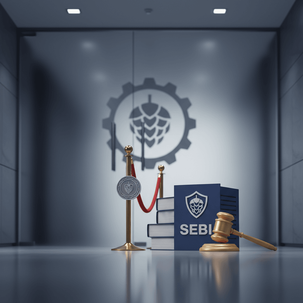 A gavel, a book labeled "SEBI", and a rope barrier in front of a glass door with a hop cone gear symbol.