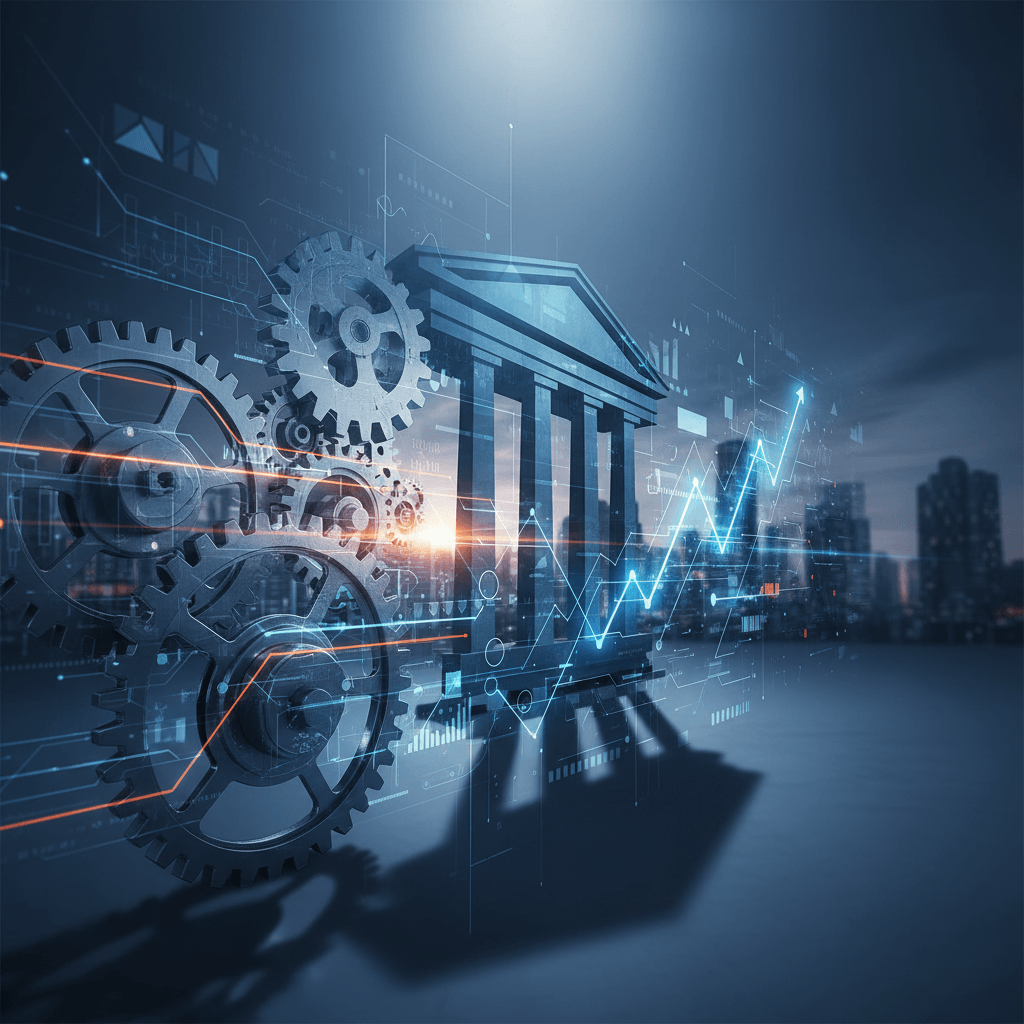 A conceptual image showing interlocking gears, a classical building facade, and a glowing stock market graph over a cityscape.