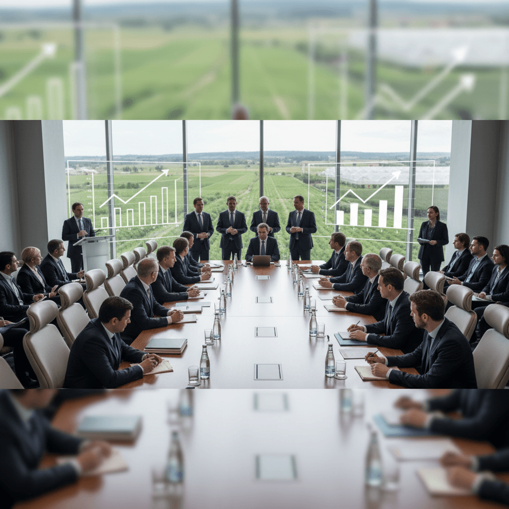 A professional meeting in a bright boardroom overlooking green fields, with financial growth charts overlaid on the windows.