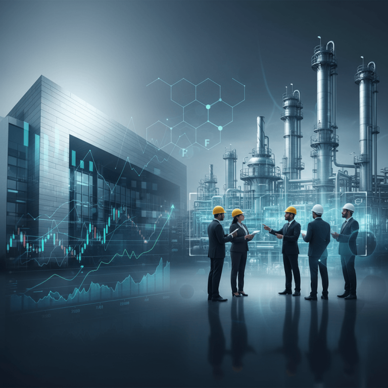 A group of professionals in hard hats discuss market trends with a chemical plant and digital stock charts in the background.