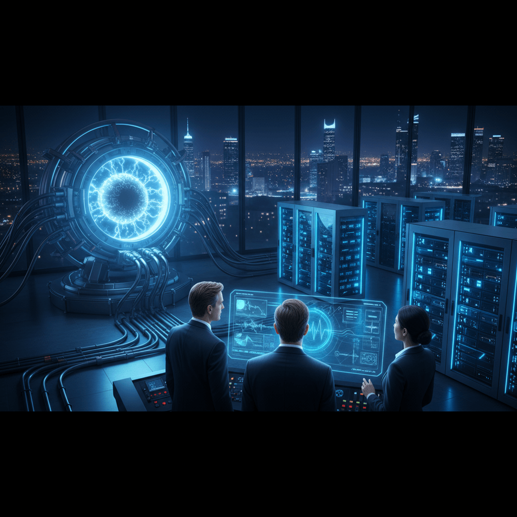 Three professionals observe a holographic display in a high-tech control room with a fusion reactor and servers.