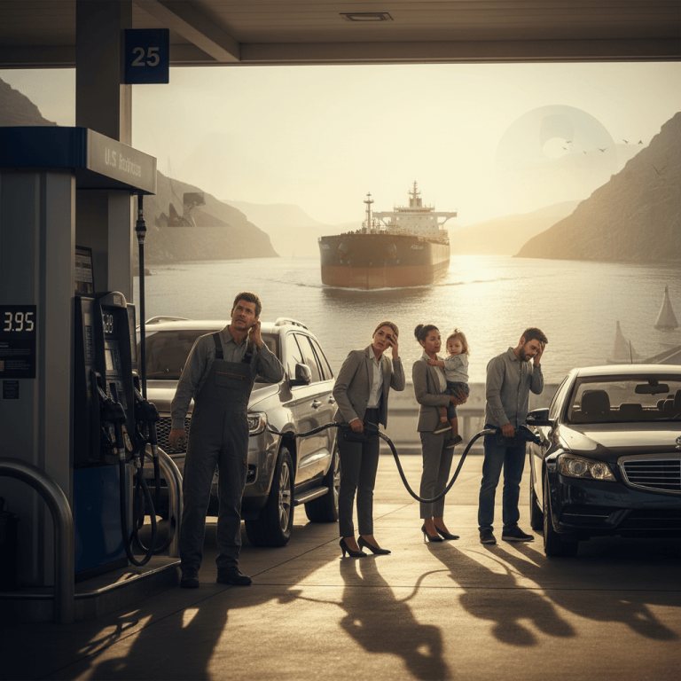 A group of frustrated drivers at a gas station, with a large oil tanker visible in a waterway in the background under a hazy sky.