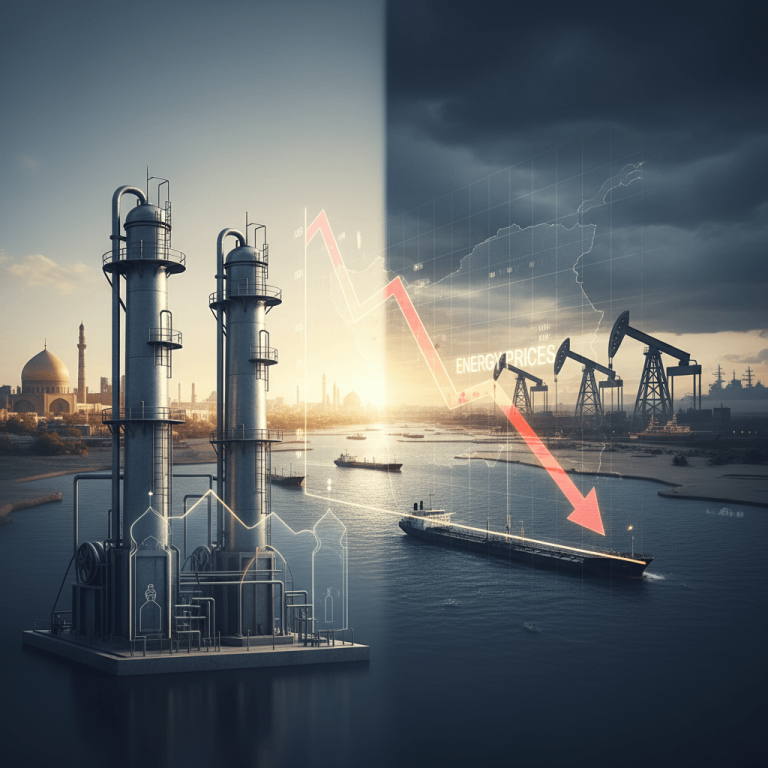 A split image showing an oil refinery and a cityscape with a mosque under a sunrise, and oil derricks under a stormy sky with a downward energy prices graph.