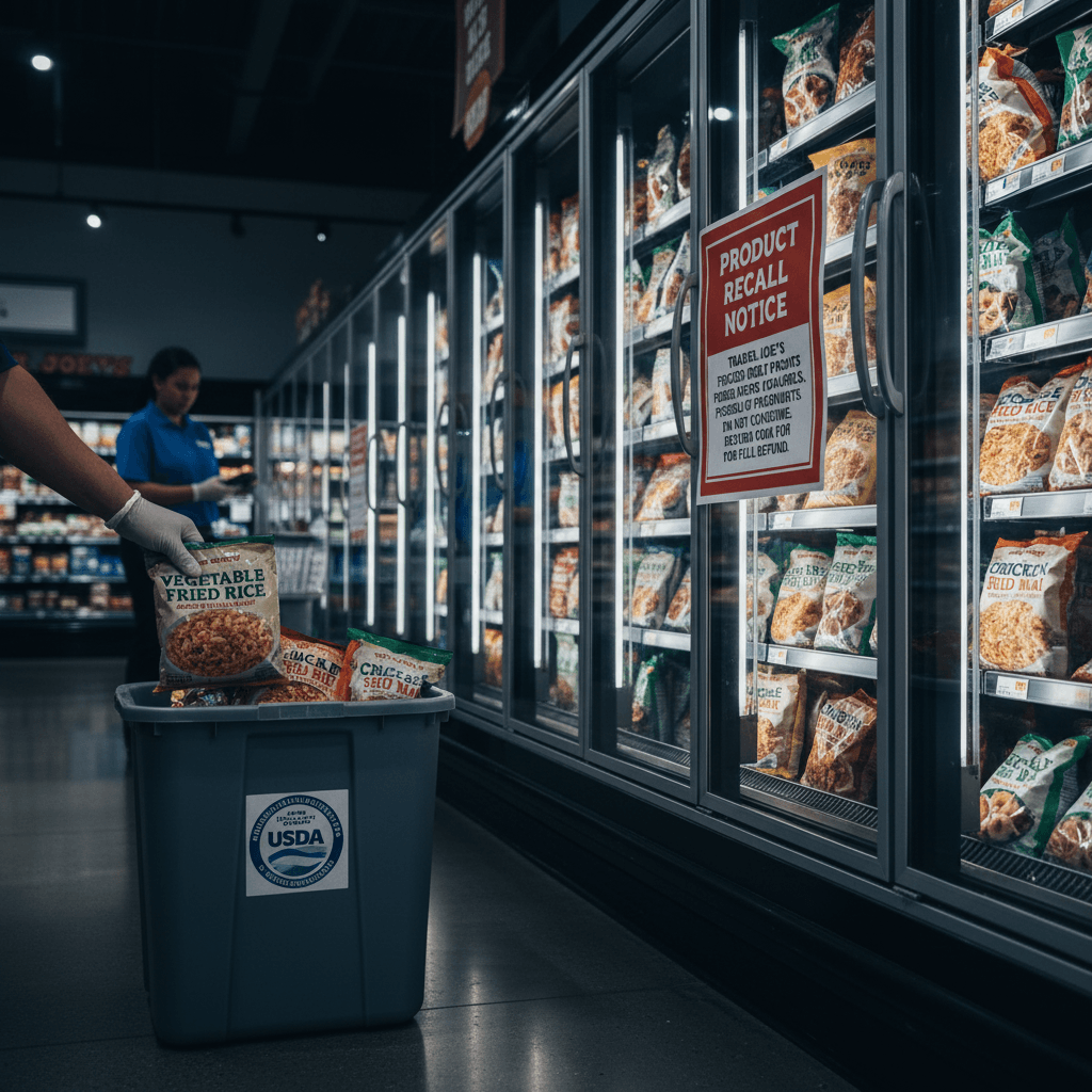 A person in a grocery store placing a bag of "Vegetable Fried Rice" into a bin with a USDA recall sticker.