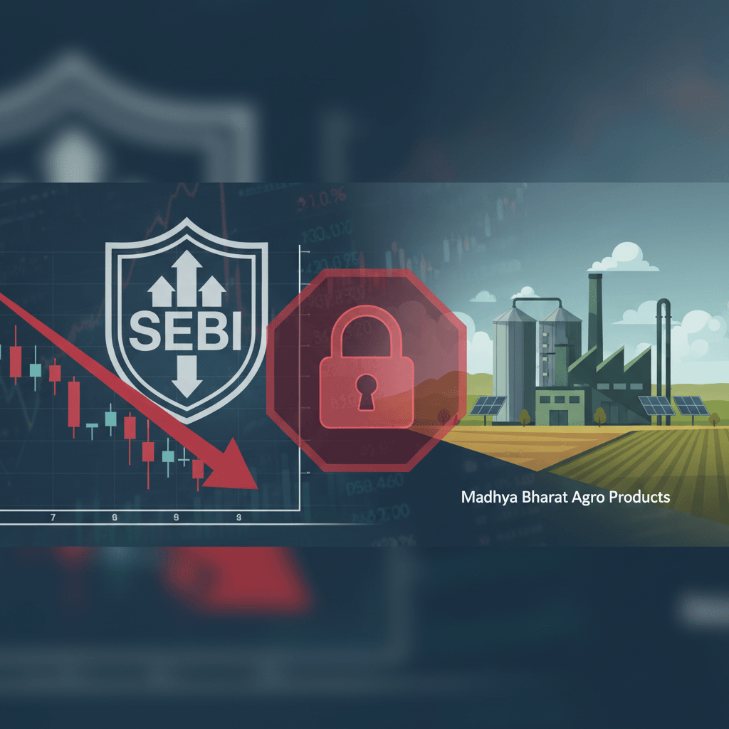 A professional image showing a stock market graph, a factory, and a red stop sign with a padlock.