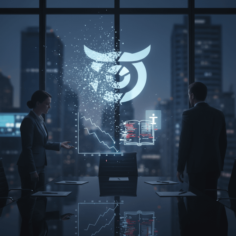 Two professionals in a modern office overlooking a city at night, with a digital owl logo and dissolving data.