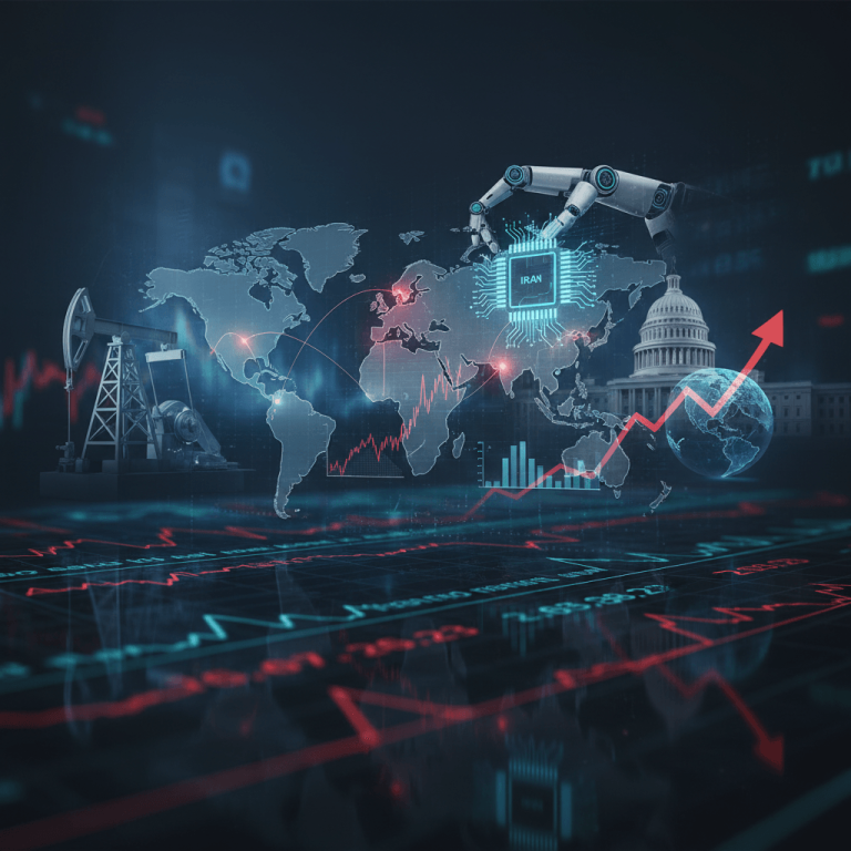 A professional, dark-themed image showing a world map with interconnected economic elements.