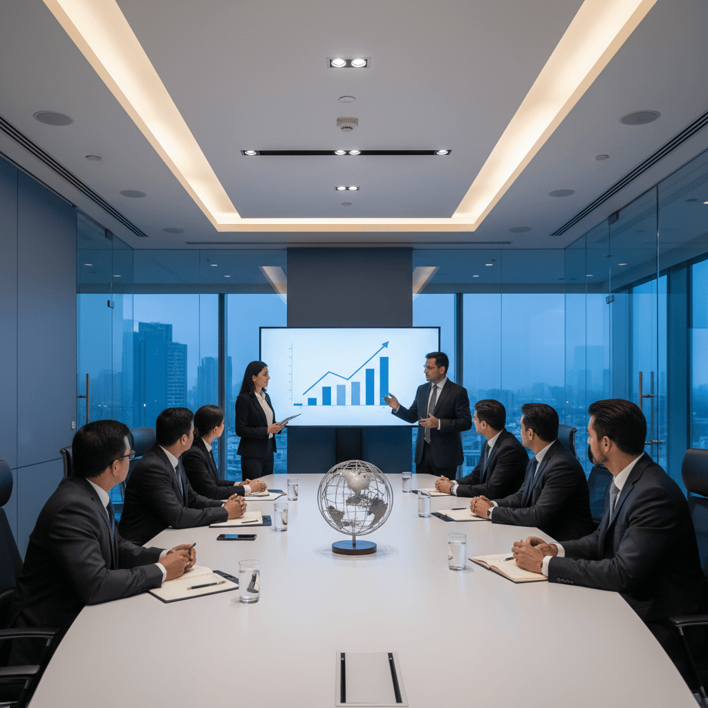 A group of professionals in suits attending a corporate investor meeting in a sleek, modern conference room.