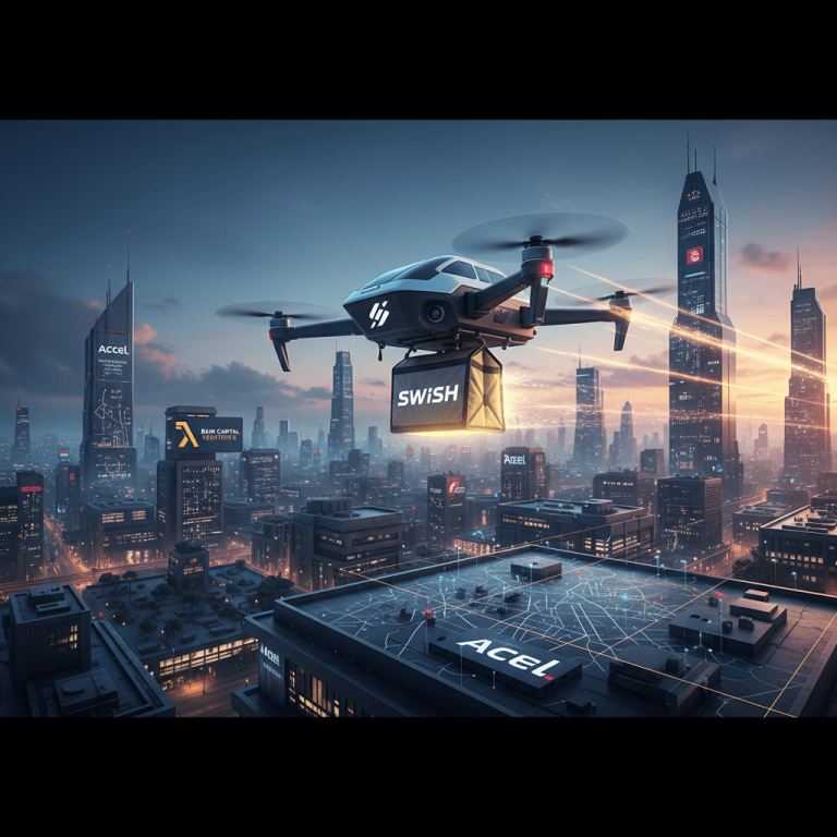 A drone with a "SWISH" package flies over a modern city at dusk, with stylized investor logos on skyscrapers.