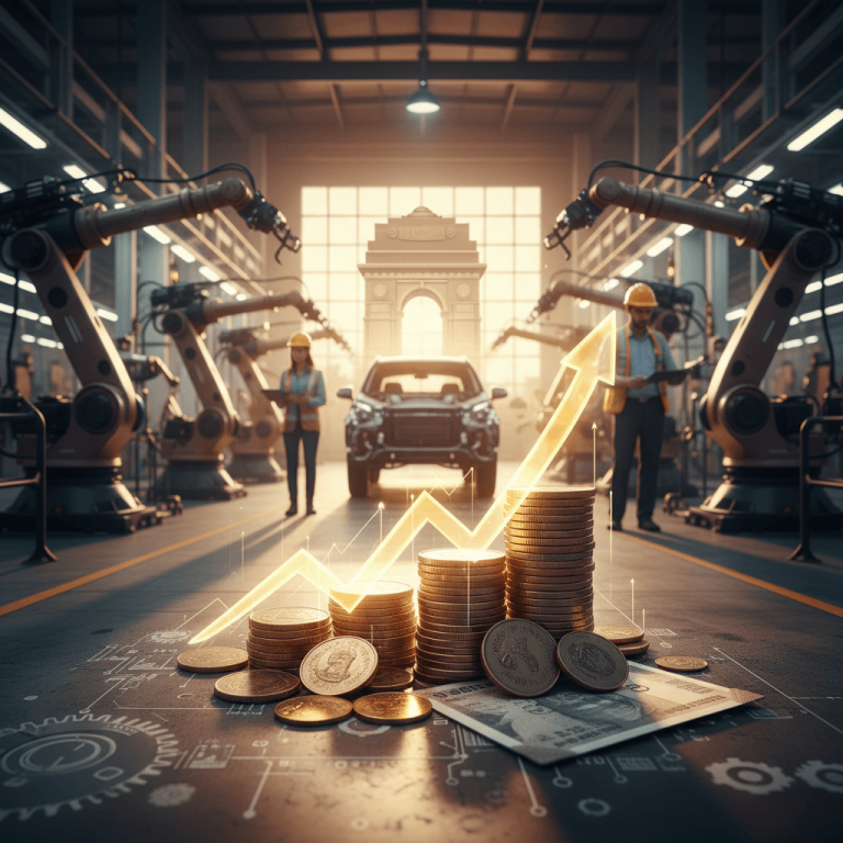 Stacks of Indian rupees with an upward arrow graph, industrial robots, and India Gate in the background.