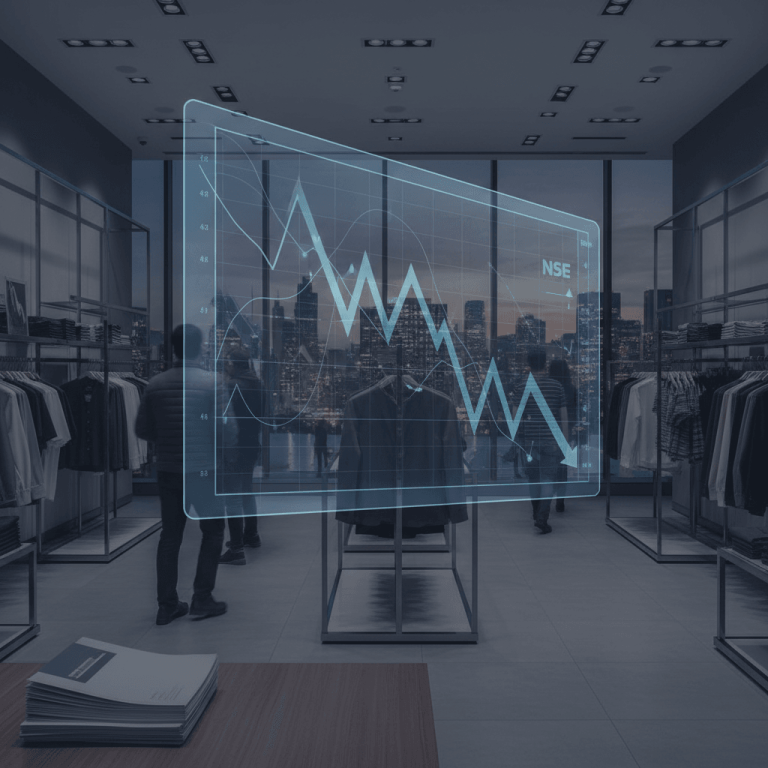 A professional image showing a retail store interior with blurred customers and a transparent, glowing stock market graph overlay.