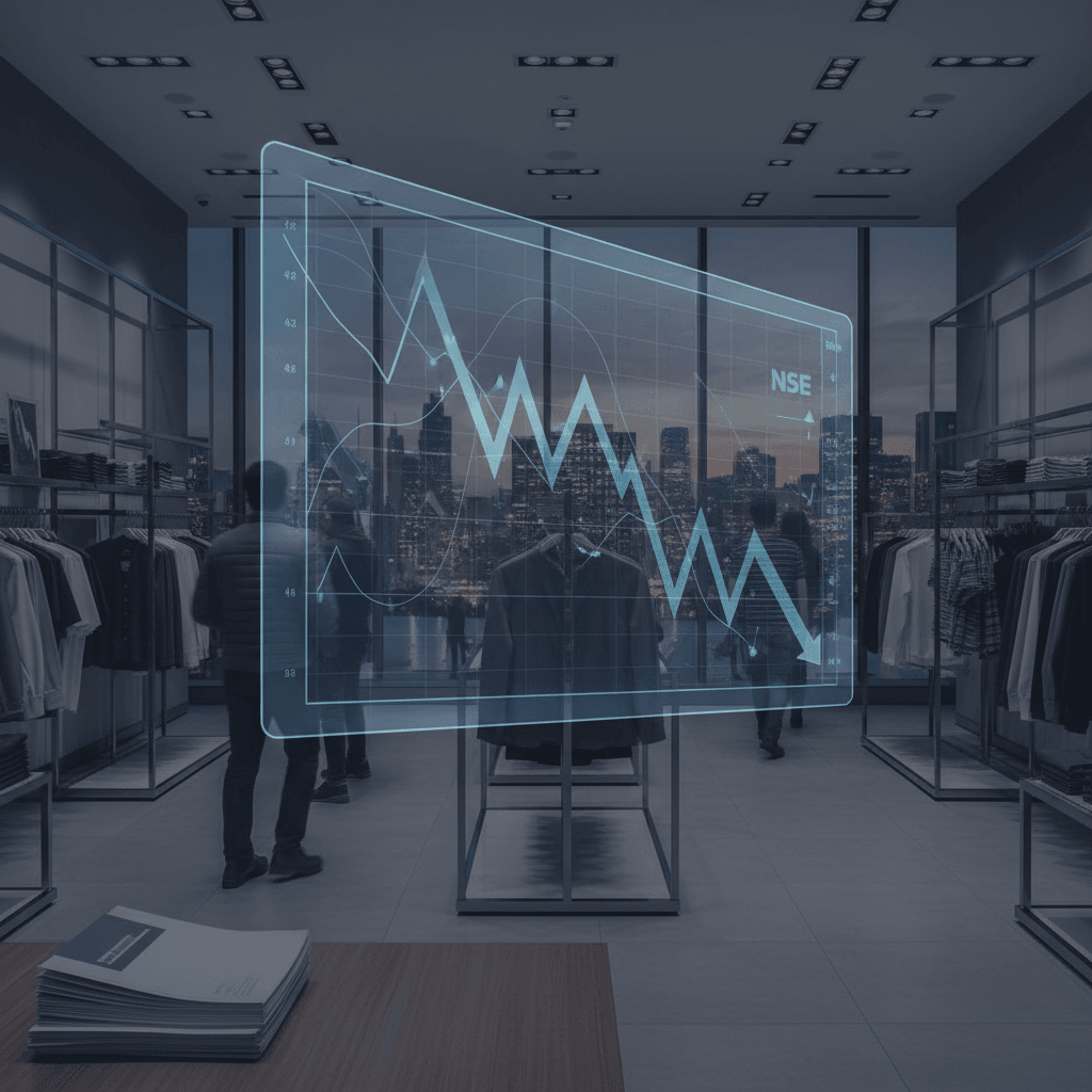 A professional image showing a retail store interior with blurred customers and a transparent, glowing stock market graph overlay.