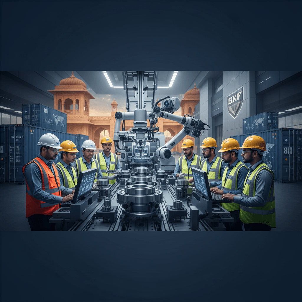 Engineers overseeing robotic arms manufacturing bearings in a modern factory setting with Indian architectural elements.