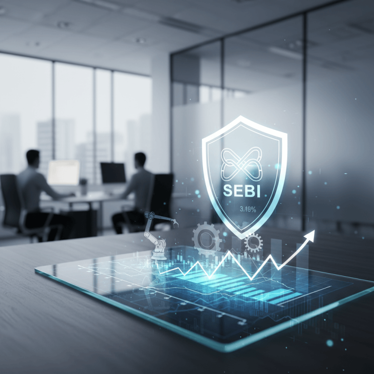 A professional office scene with a glowing SEBI shield and financial graphs on a glass table.