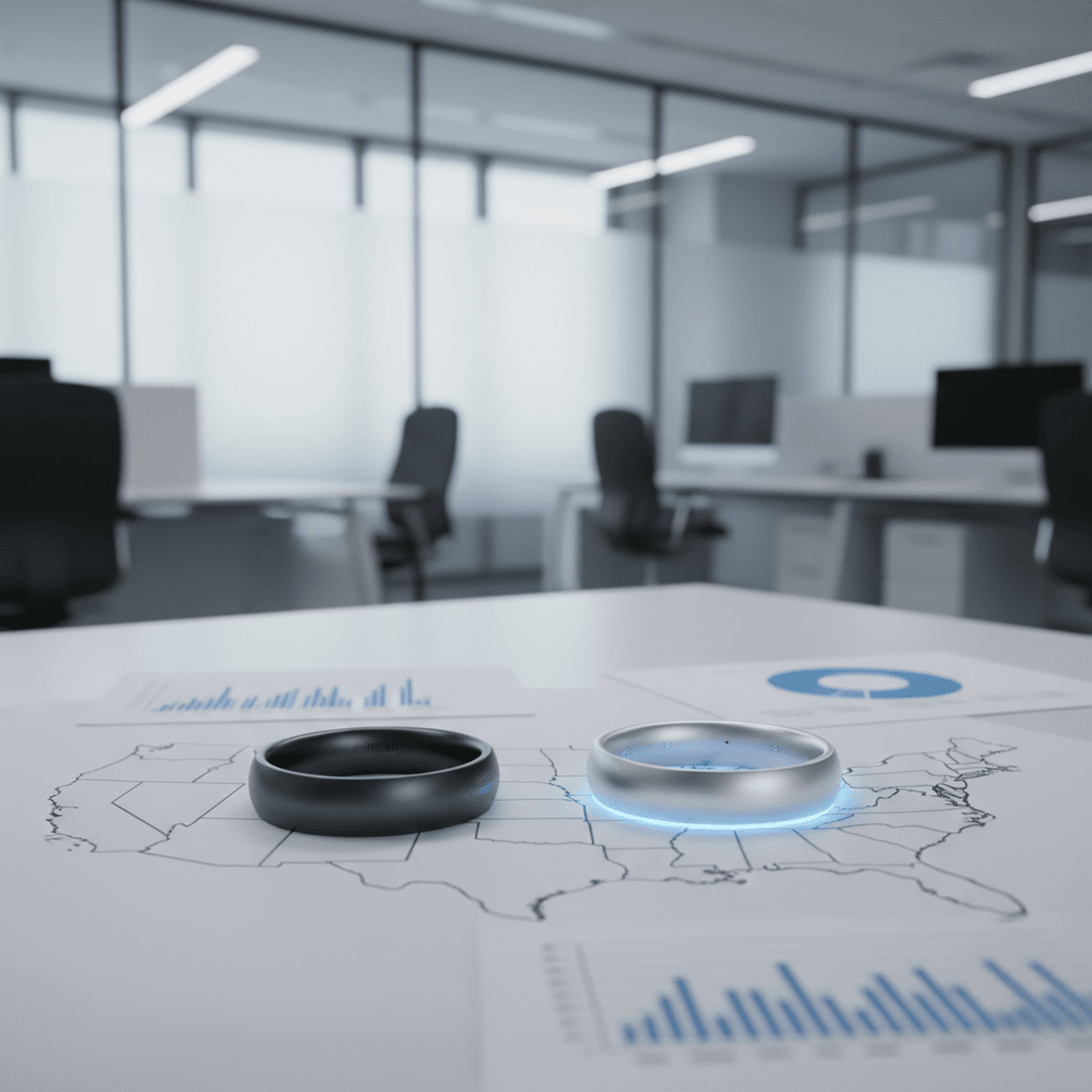 Two smart rings, one black and one silver with a blue glow, rest on a map of the United States on a desk.