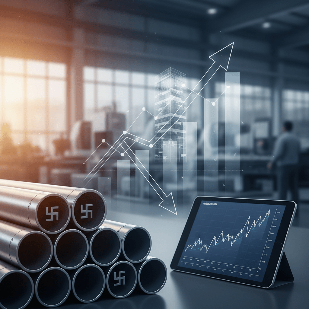 A stack of metal pipes with a financial graph overlay and a tablet showing market data in a factory setting.