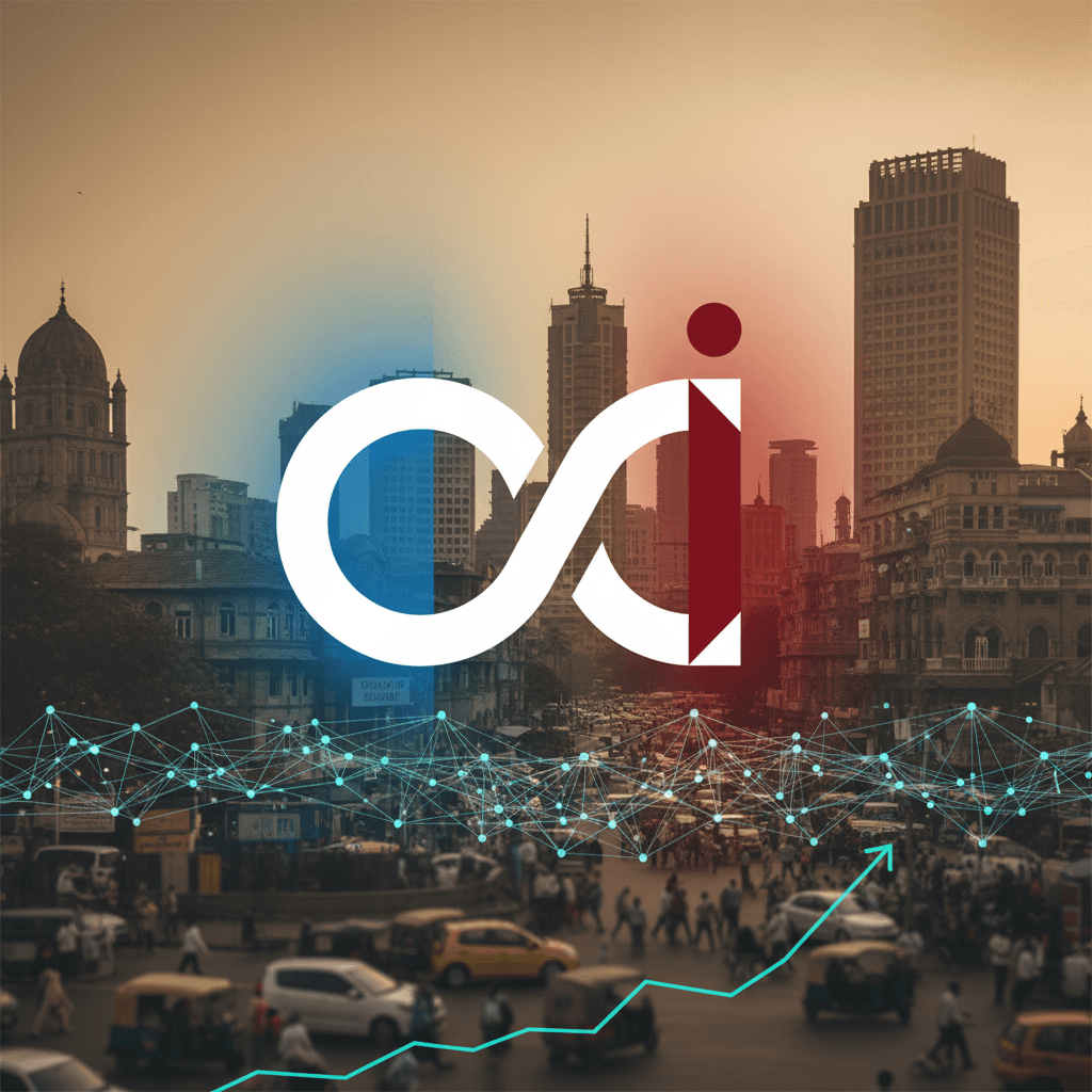 A stylized O and I merged logo, with a blue and red gradient, over a bustling Indian city skyline.