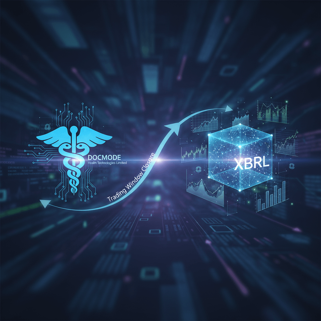 A digital representation showing a trading window closure for Docmode Health Technologies, with XBRL data.