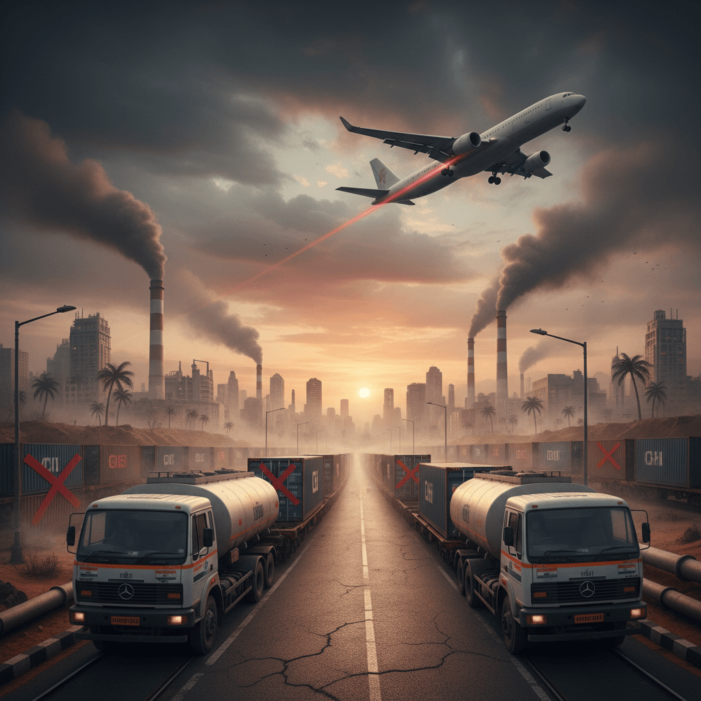 An industrial landscape showing cargo trucks, trains, and an airplane against a backdrop of factories and a city skyline at sunset.