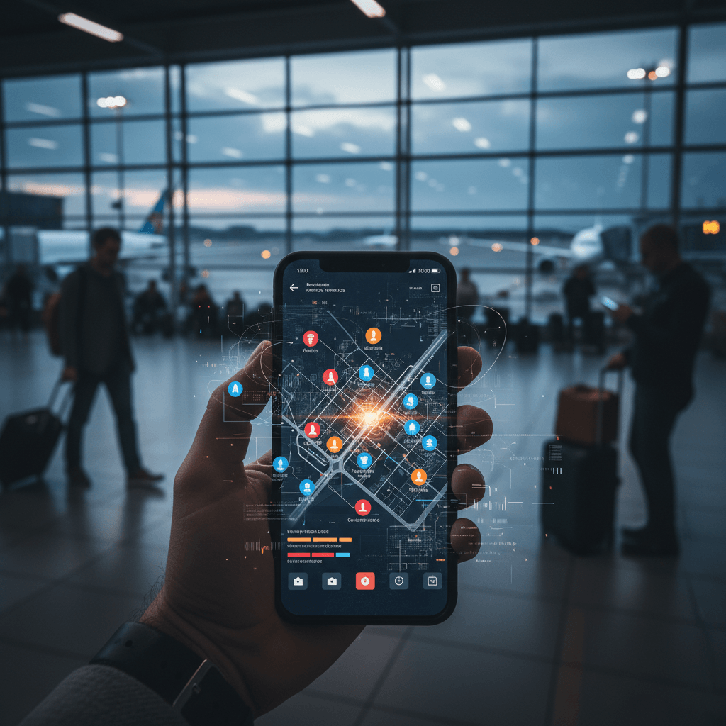 A hand holds a smartphone displaying a map with disruption alerts inside a busy airport terminal.