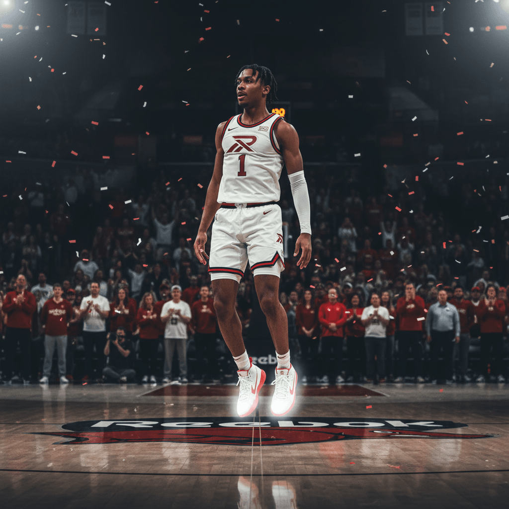 Darius Acuff Jr. in a white basketball uniform, floating above a court with "Reebok" on it, confetti falling.