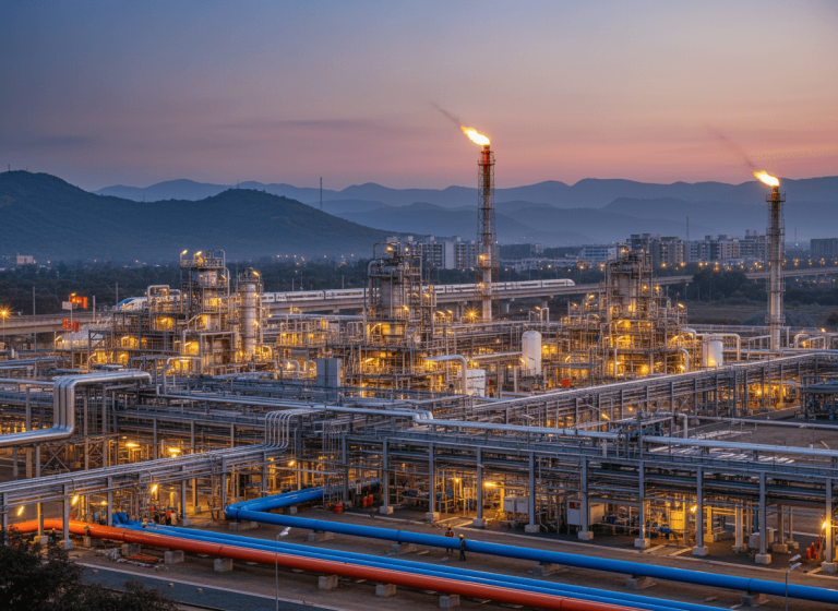 An illuminated natural gas refinery at dusk, with pipelines, flare stacks, and a modern train in the background.