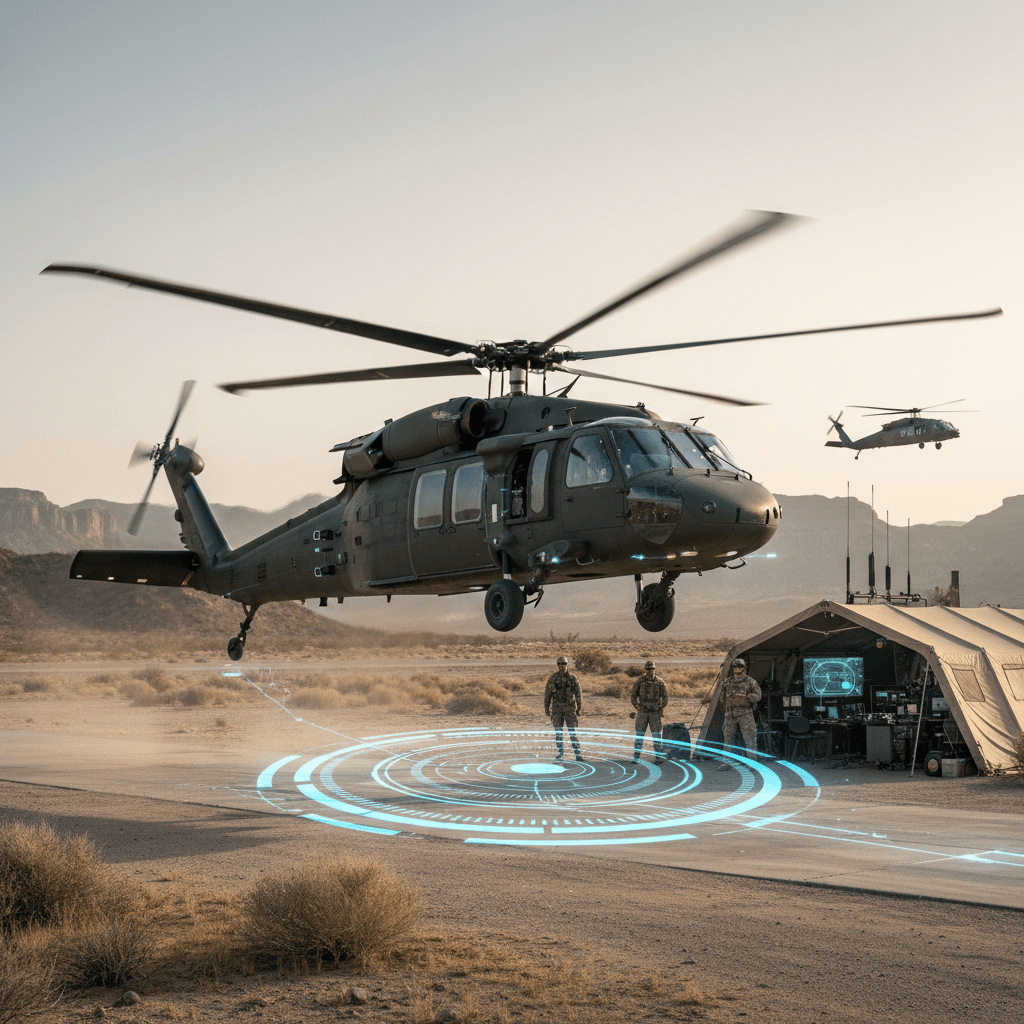 A UH-60 Black Hawk helicopter hovers over a desert landing zone with soldiers near a command tent.