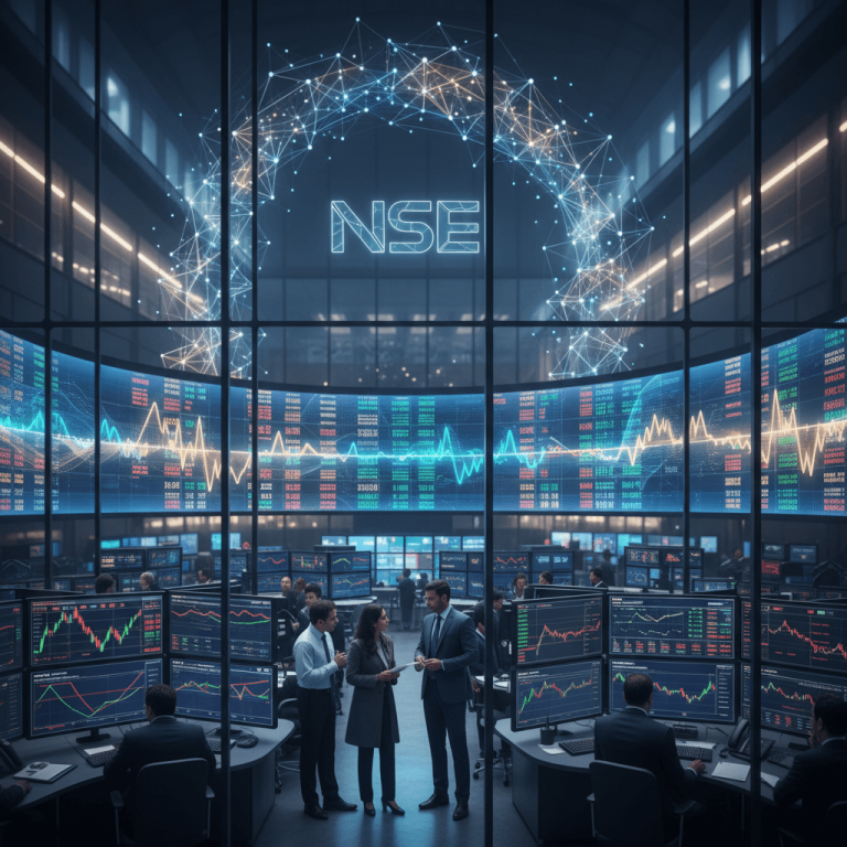 A professional stock market trading floor with people working and large screens showing data, charts, and "NSE".