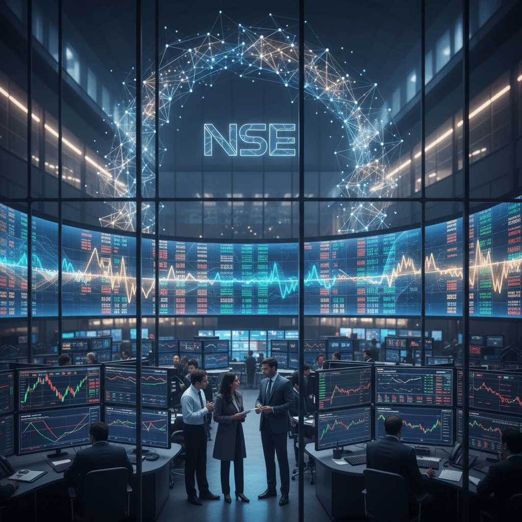 A professional stock market trading floor with people working and large screens showing data, charts, and "NSE".