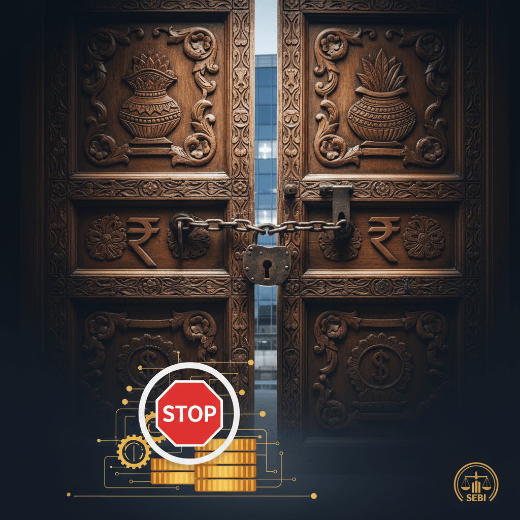 Elaborately carved wooden doors with Indian rupee symbols, secured by a lock and chain, with a modern building visible