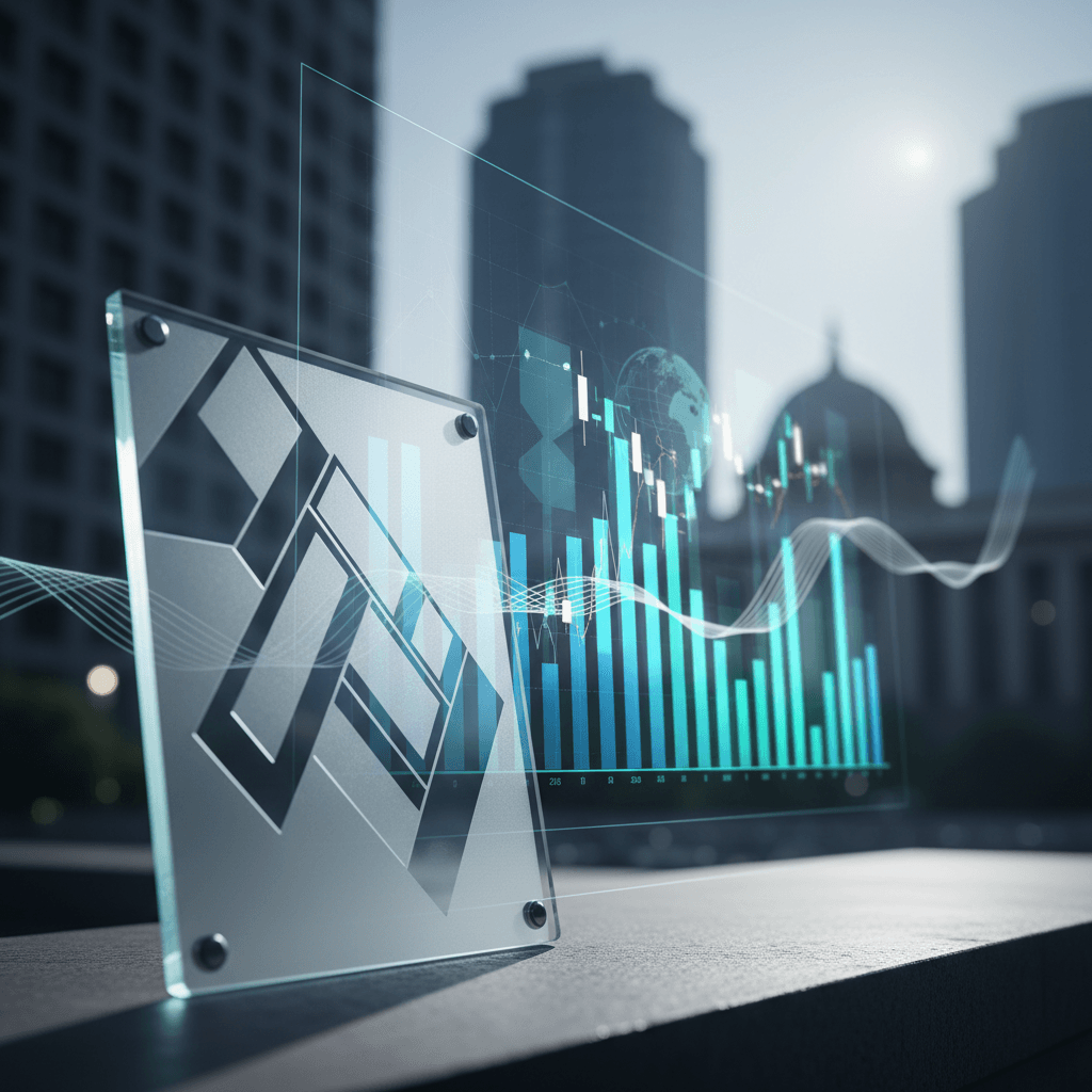 A clear glass panel with a financial graph against a blurred city background, symbolizing regulation.