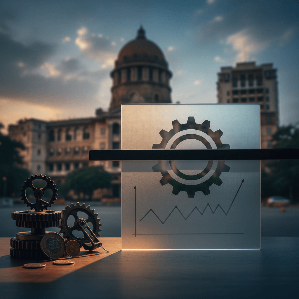 Gears and coins on a table, with a translucent display showing a graph and gear, set against an Indian building.