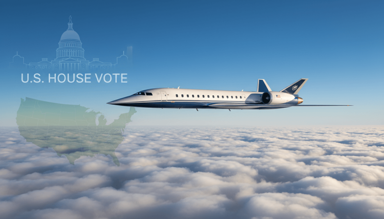 A sleek, modern supersonic jet flies above a layer of white clouds under a clear blue sky.