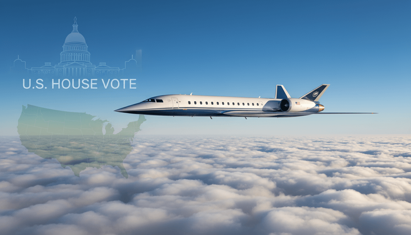 A sleek, modern supersonic jet flies above a layer of white clouds under a clear blue sky.