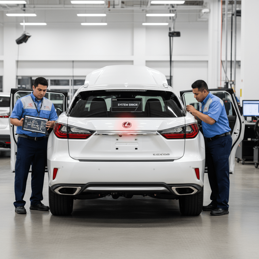 Two mechanics in a service bay, one looking into a Lexus SUV's rear, the other holding a diagnostic tablet.