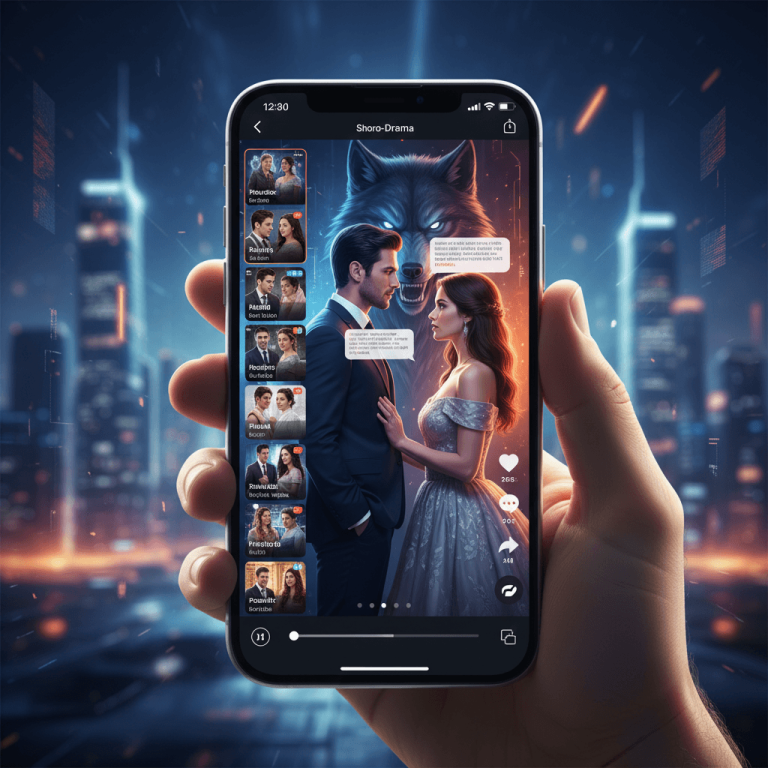 A hand holds a smartphone showing a micro-drama app interface with a romantic scene and a werewolf, set against a futuristic city.