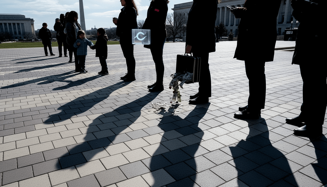 Silhouettes of people on a paved plaza, with a child in the foreground and the Washington Monument in the distance.
