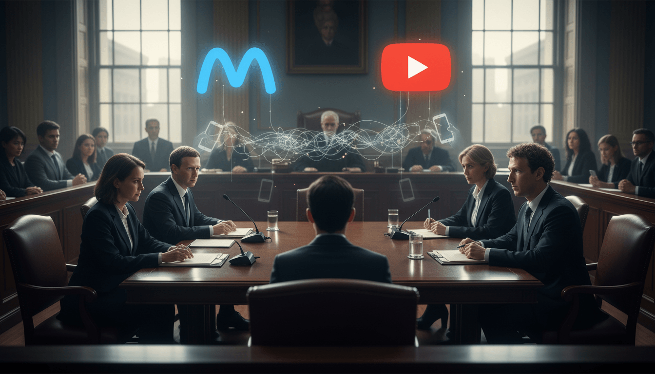 A courtroom scene depicting a trial, with attorneys and judges, and holographic Meta and YouTube logos above.