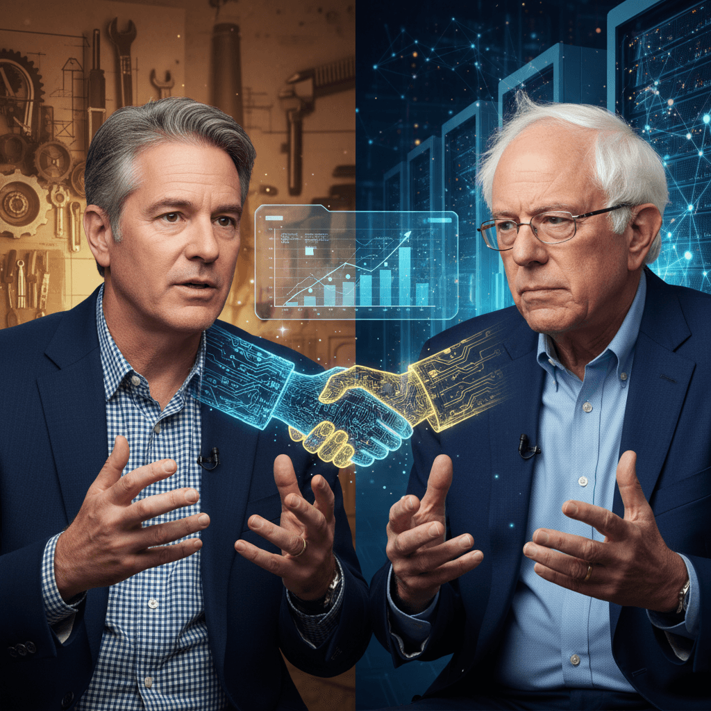 Split image of Mike Rowe and Bernie Sanders, with a handshake icon and tech graphics representing AI and workforce.