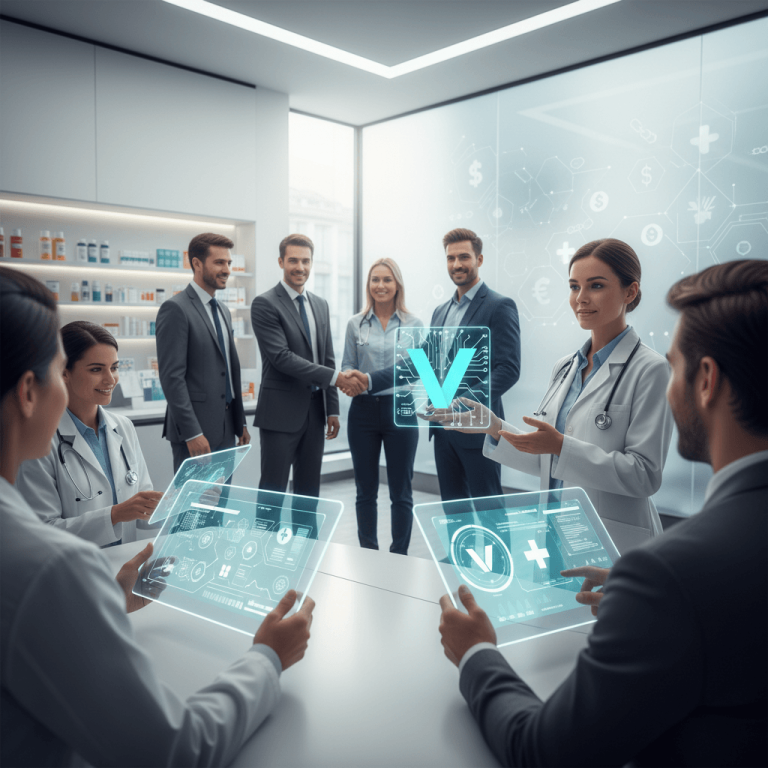 A group of medical professionals and business people discussing digital healthcare solutions.