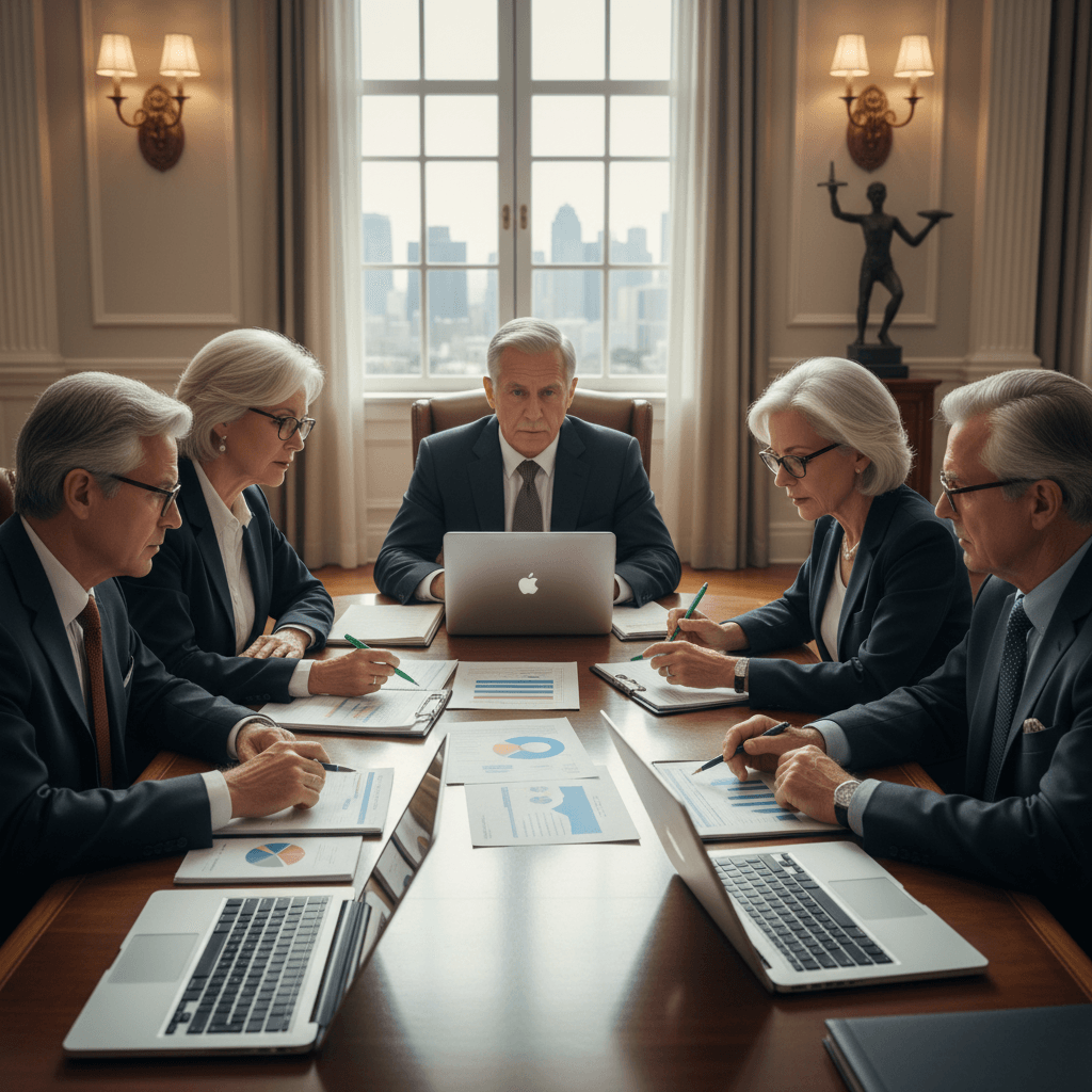 A group of five senior officials in business attire gathered around a large wooden table, reviewing documents and laptops.