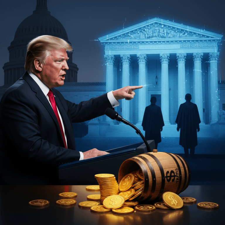 Donald Trump points from a podium, with the Supreme Court building and two robed figures glowing in the background. Gold coins spill from a barrel labeled "TARIFFS."
