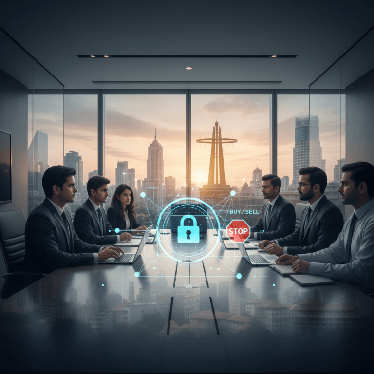 Business professionals in a modern boardroom with a cityscape background, a glowing lock icon, and a stop sign.