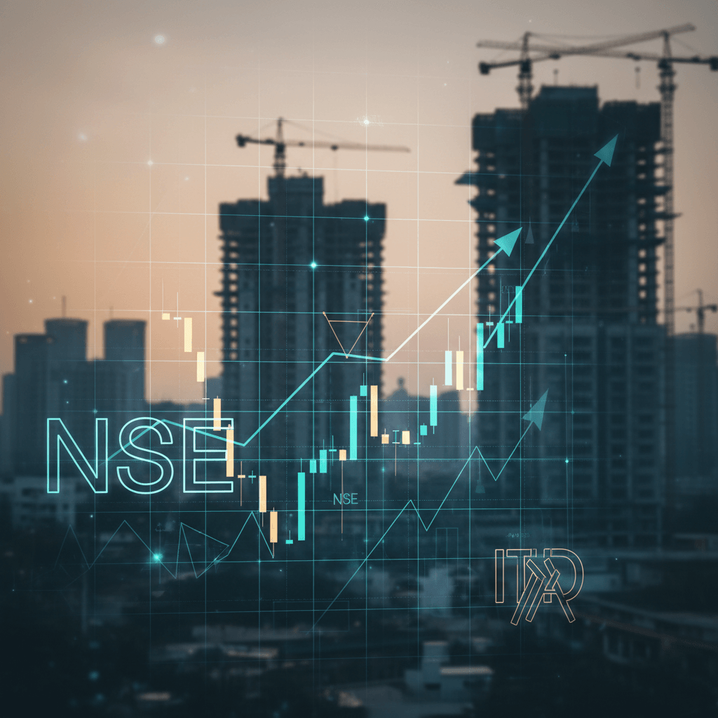 A professional image showing a stock market candlestick chart and upward arrow over a blurred Indian construction site at dusk.