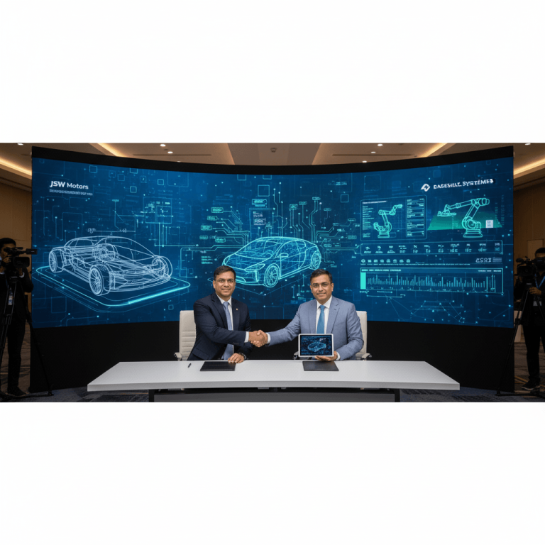 Two executives shaking hands in front of a large digital display showing EV designs and data.