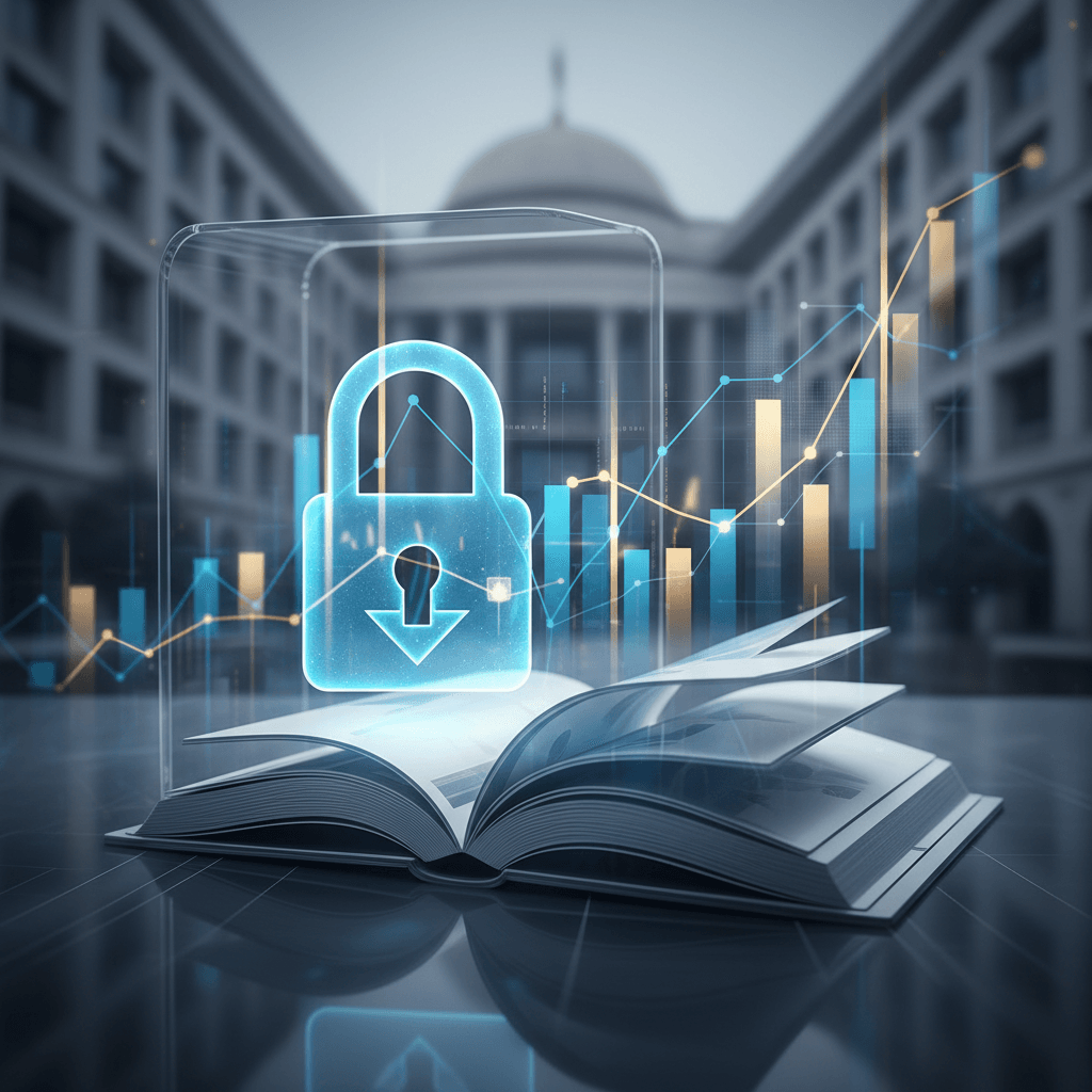 An open book with a glowing blue padlock and financial graphs, set against a blurred background of a building.