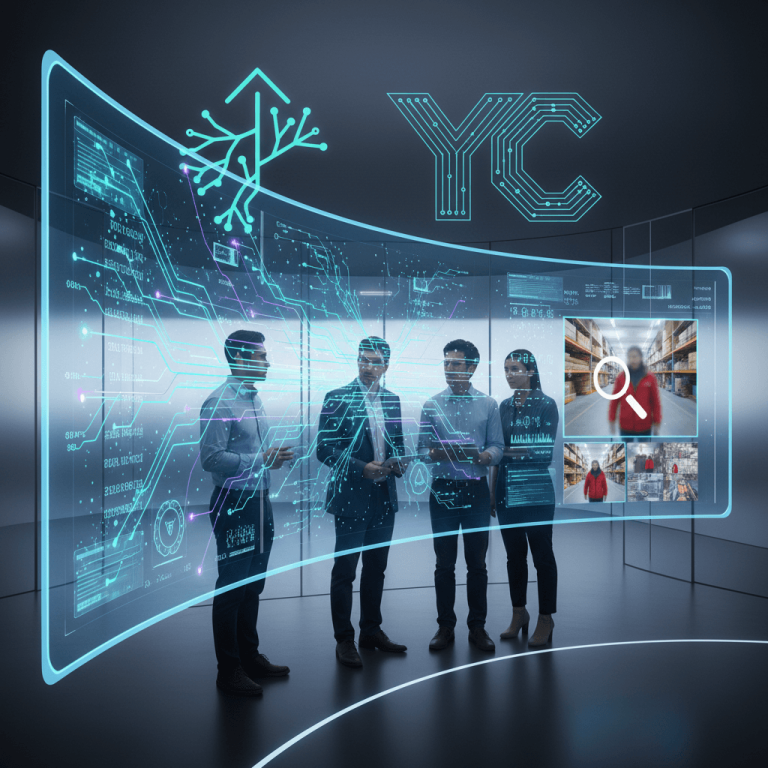 Four professionals stand before a curved, translucent screen displaying AI-driven security footage analysis and data.