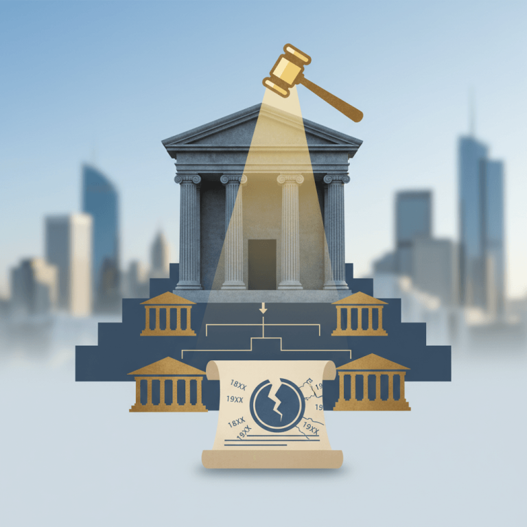 A gavel shining light on a classical building, representing a court, with broken historical dates on a scroll.