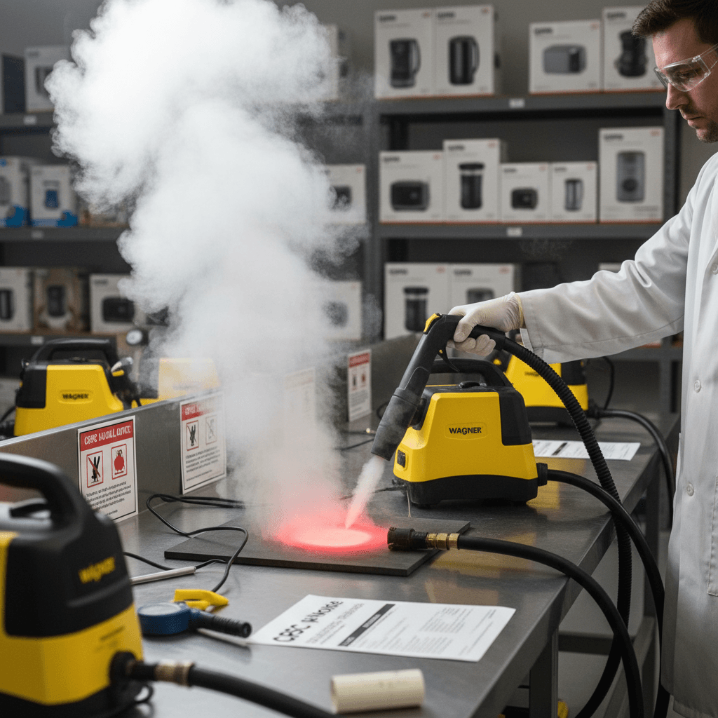 A worker in a lab coat and safety goggles tests a yellow steam cleaner, with steam emitting and a red hot plate.