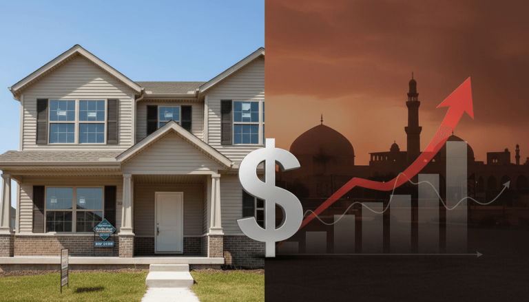 A split image showing a modern house on one side and a silhouette of Middle Eastern architecture with a rising financial graph on the other.